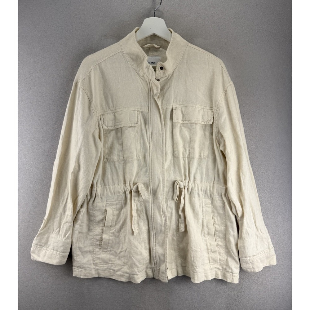 Old‎ Navy Women's Sz L Linen Blend Tie Waist Safari Anorak Cream Utility Jacket